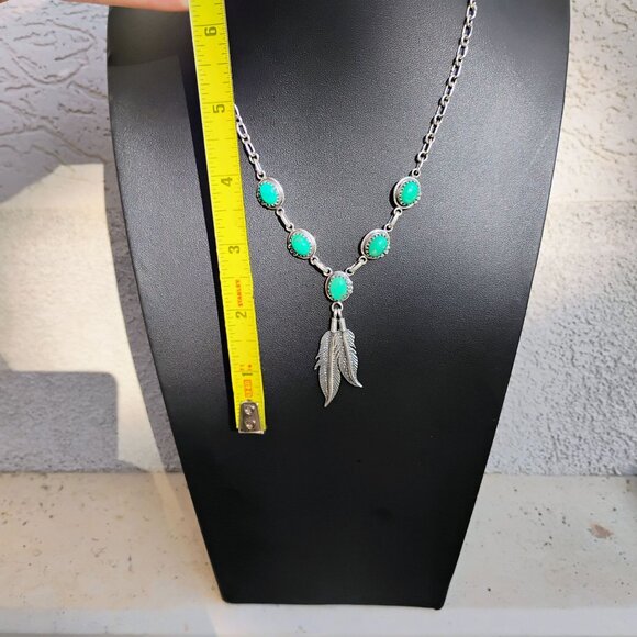 Southwest Native Style Turquoise Sterling Silver Feather Dangle Lariat Necklace - Picture 4 of 9